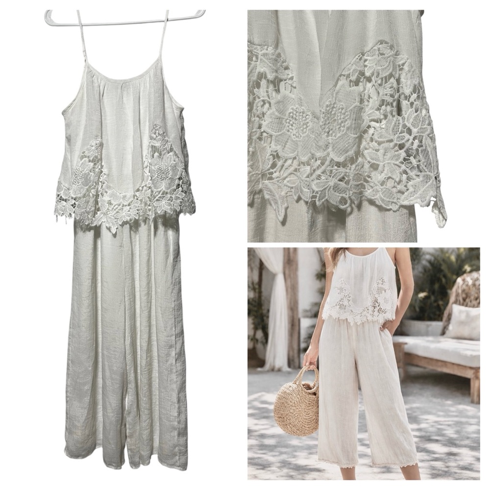 J Gee Sheer Wide-Leg Jumpsuit Size M | Lined | Lace Trim | Boho Chic